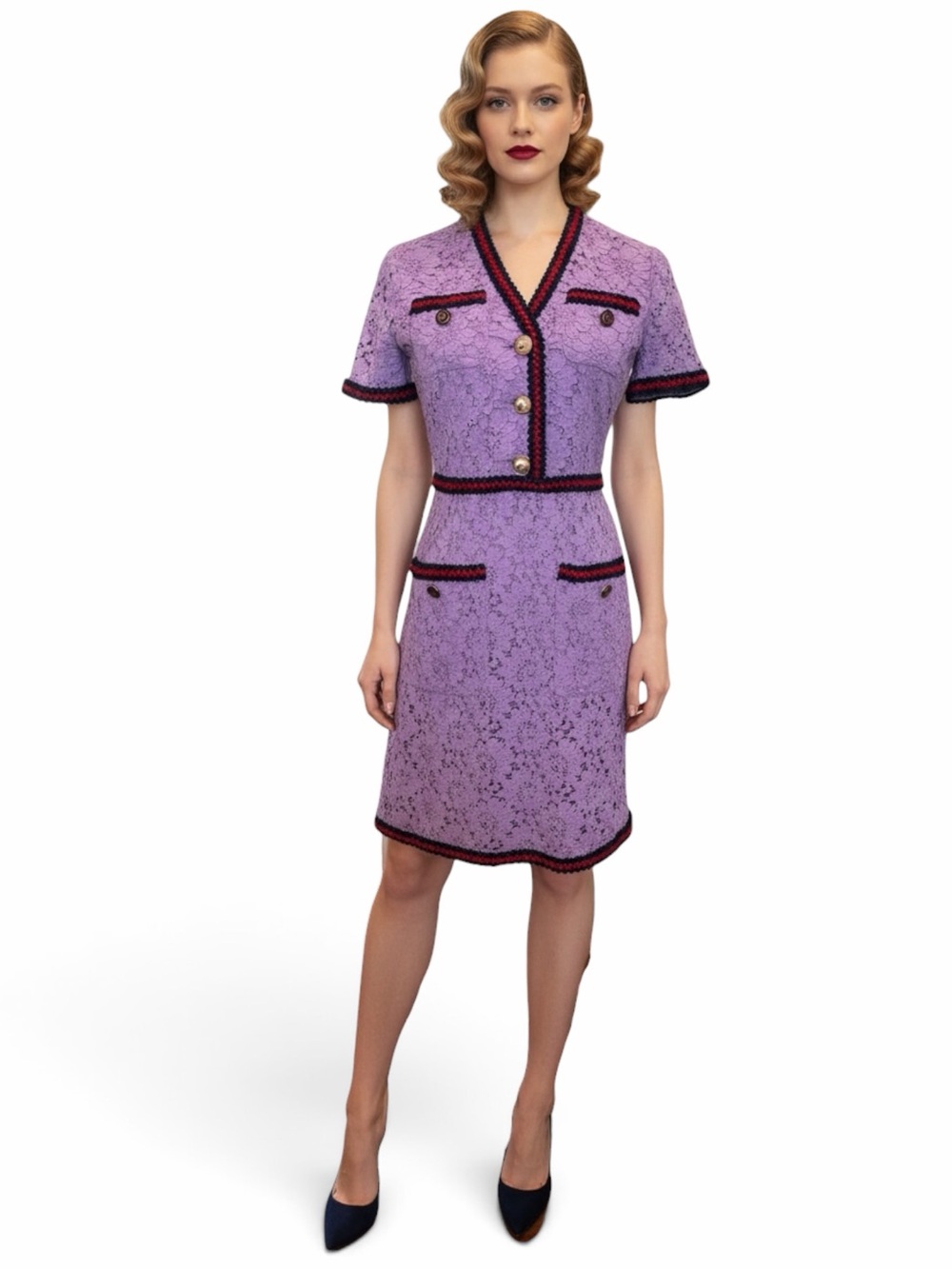 Gucci Lavender Lace Short-Sleeve Dress with Contrasting Trim